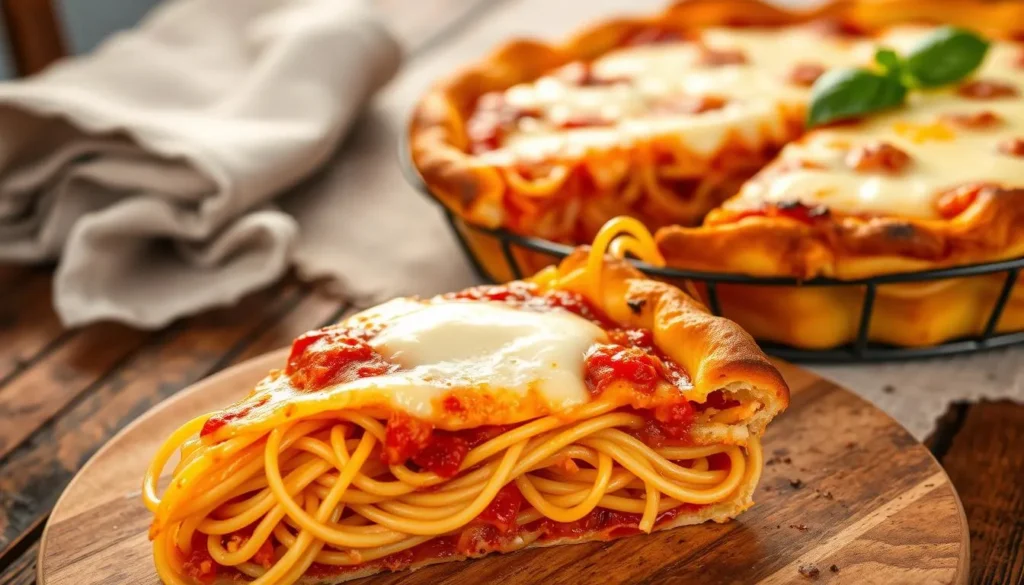 A slice of baked spaghetti pie topped with melted mozzarella and tomato sauce on a wooden plate, with the rest of the pie in the background.