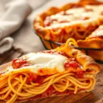A slice of baked spaghetti pie topped with melted mozzarella and tomato sauce on a wooden plate, with the rest of the pie in the background.