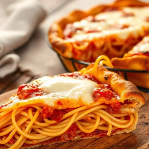 A slice of baked spaghetti pie topped with melted mozzarella and tomato sauce on a wooden plate, with the rest of the pie in the background.