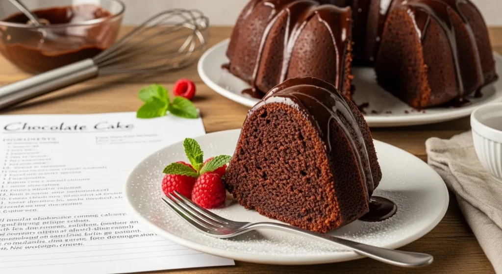 A rich and moist chocolate bundt cake recipe slice topped with glossy chocolate glaze, served with raspberries and mint on a white plate.
