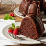 A rich and moist chocolate bundt cake recipe slice topped with glossy chocolate glaze, served with raspberries and mint on a white plate.