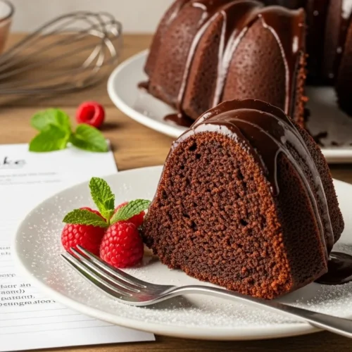 A rich and moist chocolate bundt cake recipe slice topped with glossy chocolate glaze, served with raspberries and mint on a white plate.