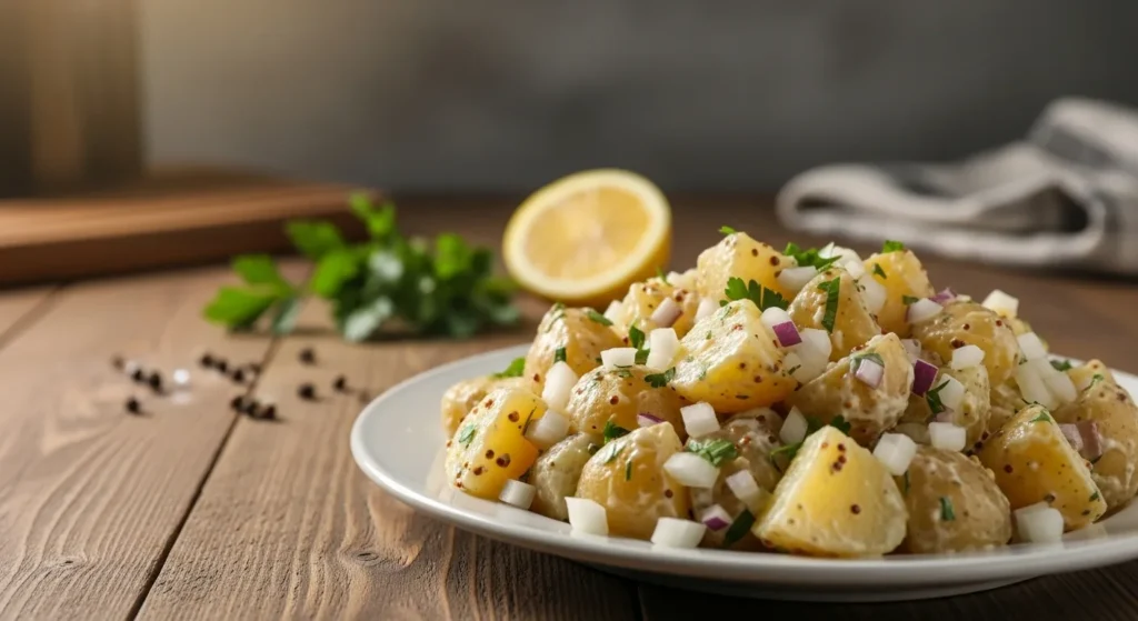 German potato salad recipe served on a white plate with diced onions, parsley, and mustard dressing on a wooden table.