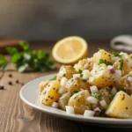 German potato salad recipe served on a white plate with diced onions, parsley, and mustard dressing on a wooden table.