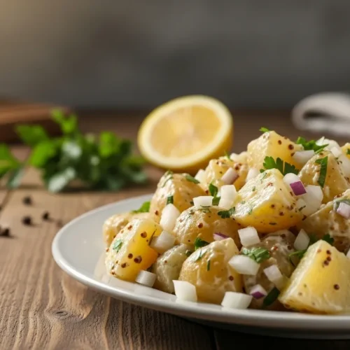 German potato salad recipe served on a white plate with diced onions, parsley, and mustard dressing on a wooden table.