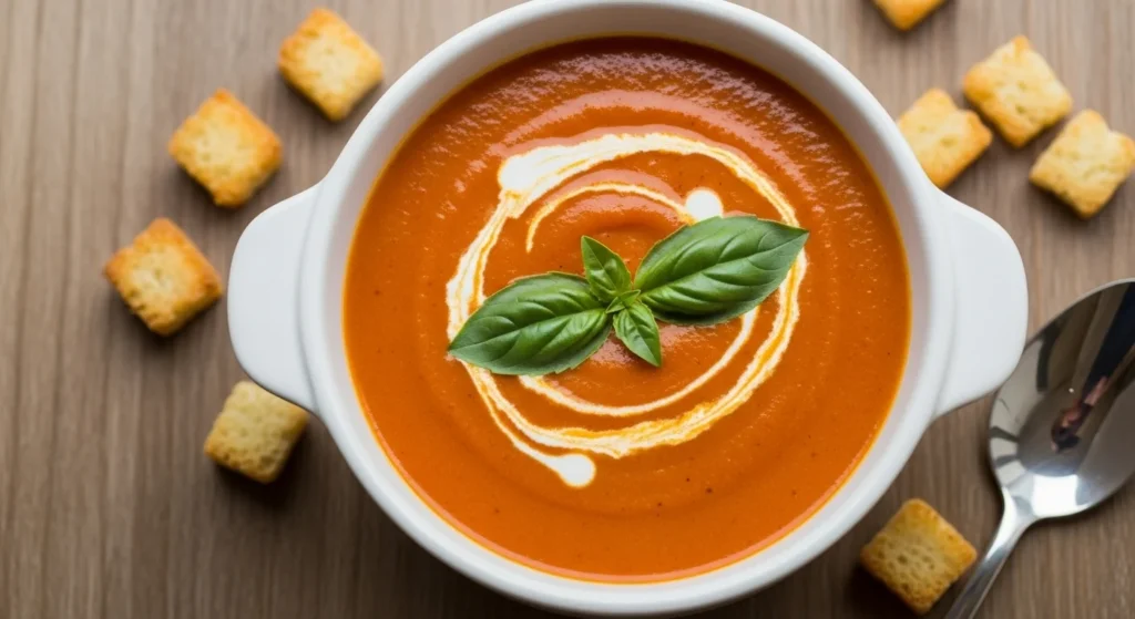 Creamy tomato bisque soup recipe in a white bowl, garnished with cream and fresh basil, with crusty bread on the side.