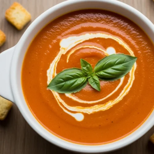 Creamy tomato bisque soup recipe in a white bowl, garnished with cream and fresh basil, with crusty bread on the side.