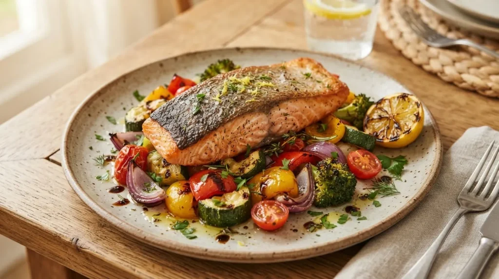 A close-up shot of a plate with a crispy-skinned salmon fillet resting on a bed of roasted vegetables, including broccoli, cherry tomatoes, red onion, zucchini, and peppers, garnished with lemon zest and fresh herbs. A grilled lemon half and cutlery are on the side.
