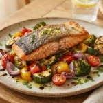 A close-up shot of a plate with a crispy-skinned salmon fillet resting on a bed of roasted vegetables, including broccoli, cherry tomatoes, red onion, zucchini, and peppers, garnished with lemon zest and fresh herbs. A grilled lemon half and cutlery are on the side.