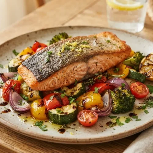 A close-up shot of a plate with a crispy-skinned salmon fillet resting on a bed of roasted vegetables, including broccoli, cherry tomatoes, red onion, zucchini, and peppers, garnished with lemon zest and fresh herbs. A grilled lemon half and cutlery are on the side.