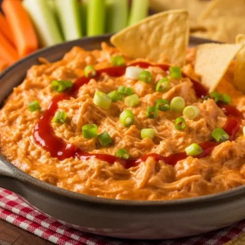 Creamy Franks buffalo chicken dip topped with sliced green onions and hot sauce, served with tortilla chips, celery, and carrot sticks.