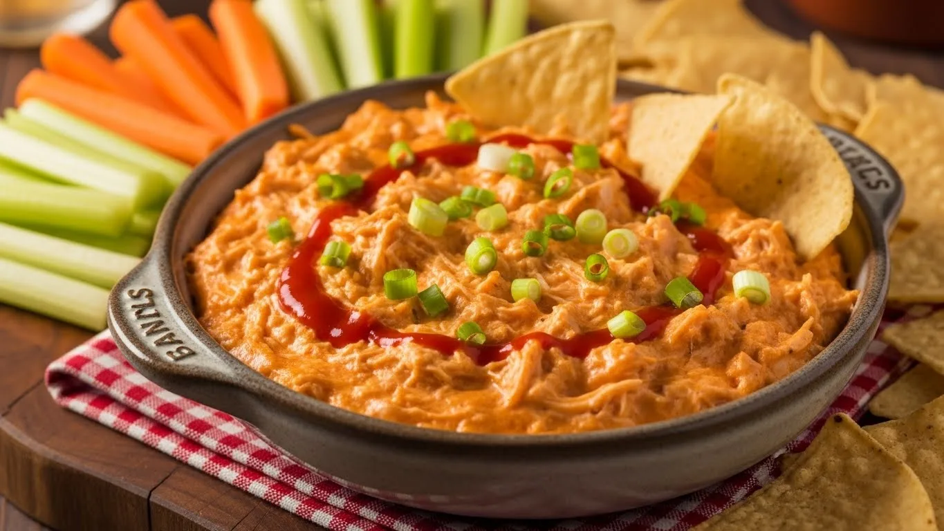 Creamy Franks buffalo chicken dip topped with sliced green onions and hot sauce, served with tortilla chips, celery, and carrot sticks.