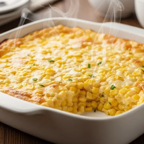 Easy corn casserole with cream cheese baked until golden, creamy, and bubbling in a white casserole dish.