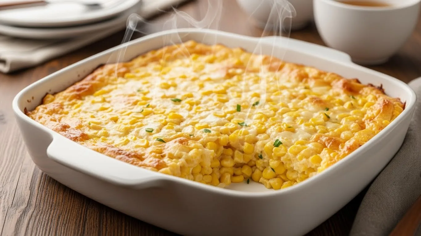 Easy corn casserole with cream cheese baked until golden, creamy, and bubbling in a white casserole dish.