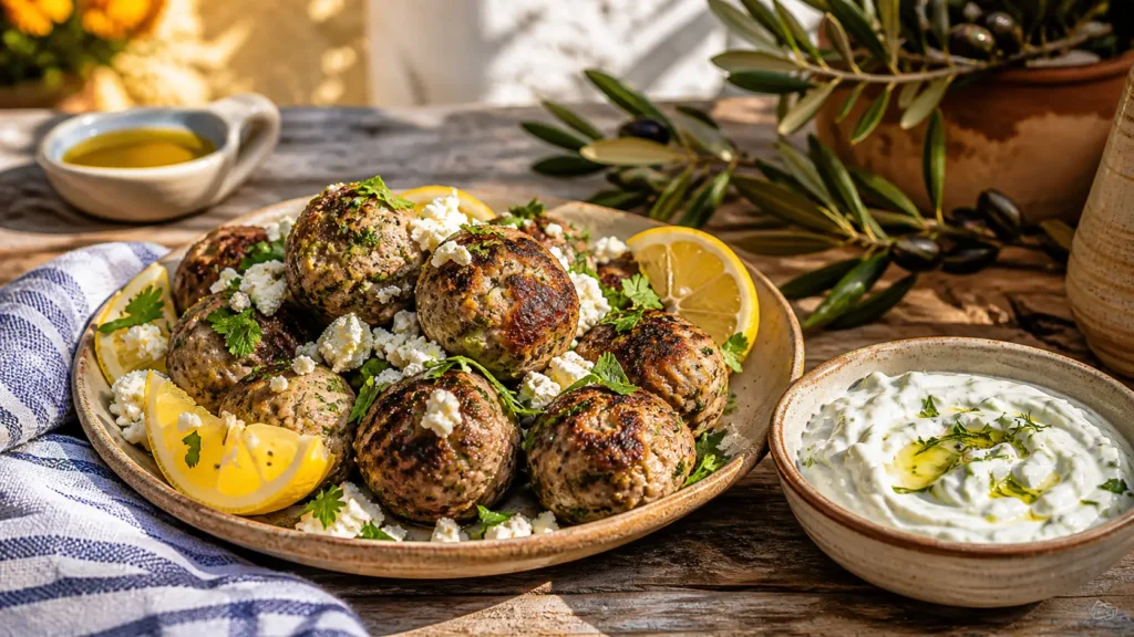 Juicy Greek turkey meatballs served with tzatziki sauce, fresh herbs, feta cheese, and lemon slices on a rustic plate.