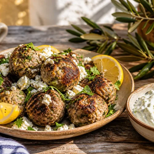 Juicy Greek turkey meatballs served with tzatziki sauce, fresh herbs, feta cheese, and lemon slices on a rustic plate.