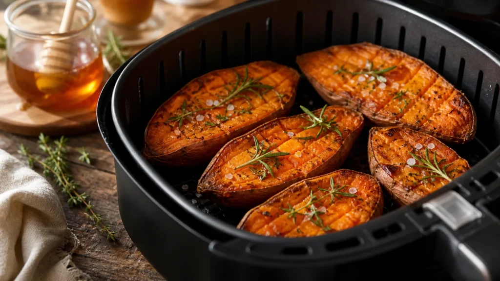 Golden-brown air fryer sweet potato garnished with fresh herbs and sea salt on a rustic wooden surface