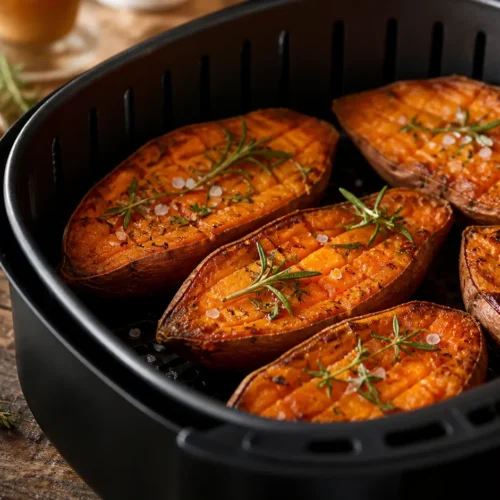 Golden-brown air fryer sweet potato garnished with fresh herbs and sea salt on a rustic wooden surface