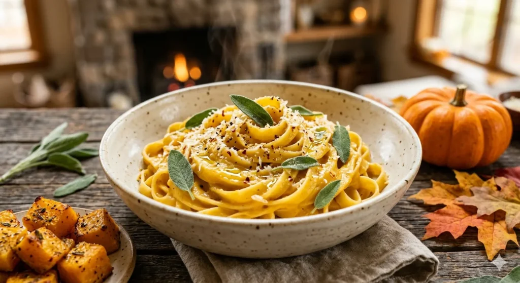 Creamy butternut squash pasta sauce served over fettuccine, garnished with sage, parmesan, and olive oil in a rustic bowl.