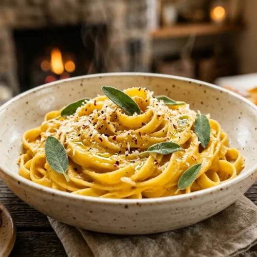 Creamy butternut squash pasta sauce served over fettuccine, garnished with sage, parmesan, and olive oil in a rustic bowl.