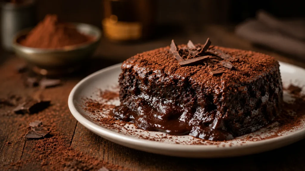 A slice of rich chocolate pudding cake dusted with cocoa powder and chocolate shavings on a white plate, with a pool of gooey fudge sauce oozing from the bottom.