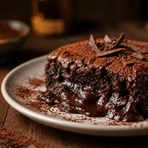 A slice of rich chocolate pudding cake dusted with cocoa powder and chocolate shavings on a white plate, with a pool of gooey fudge sauce oozing from the bottom.