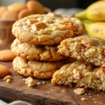 Stack of banana pudding cookies with vanilla wafer pieces, one cookie broken in half showing a soft crumb, next to fresh bananas and vanilla wafers on a wooden board.