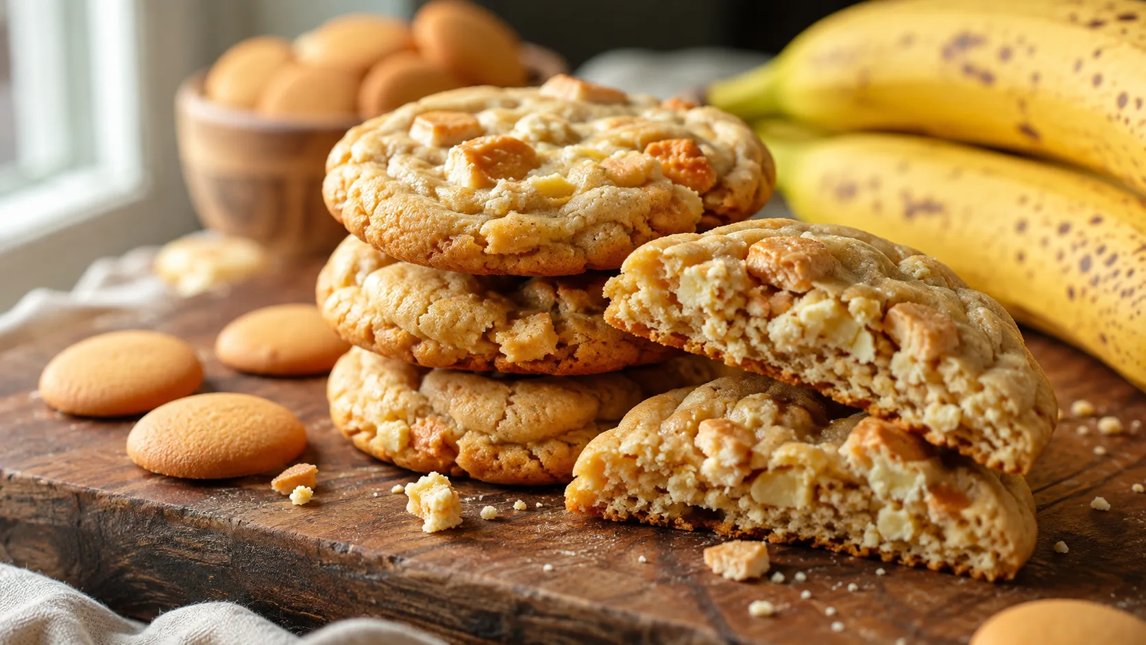 Stack of banana pudding cookies with vanilla wafer pieces, one cookie broken in half showing a soft crumb, next to fresh bananas and vanilla wafers on a wooden board.