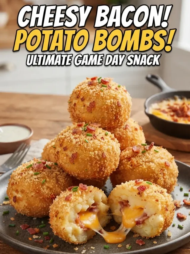 Cheesy bacon potato bombs with crispy golden breadcrumbs, loaded with melted cheese and bacon, served on a plate with fresh chives.