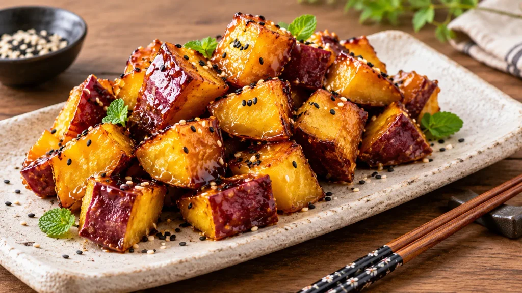 Glazed Japanese sweet potato recipe cubes topped with black and white sesame seeds and fresh mint, served on a rustic ceramic plate with chopsticks.