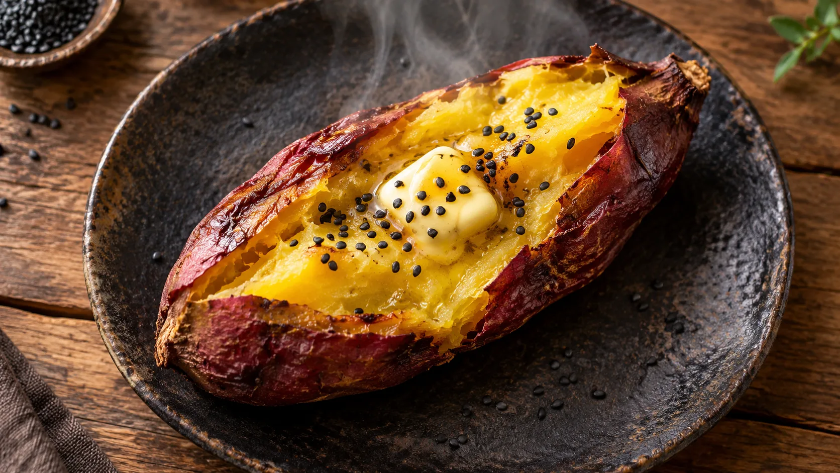 Japanese roasted sweet potato split open with golden flesh, melting miso butter, black sesame seeds, and steam on a dark ceramic plate.