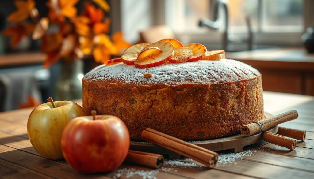 A beautifully arranged homemade apple spice cake sits on a rustic wooden table, showcasing its golden-brown, textured crust. The cake is topped with a light dusting of powdered sugar and garnished with thinly sliced apples and a sprinkle of cinnamon, emphasizing its rich, spiced flavor. In the foreground, a few whole apples and cinnamon sticks are placed artistically around the base of the cake, hinting at the ingredients used. Soft, warm sunlight filters through a nearby window, casting a gentle glow on the cake and creating inviting shadows. The background features blurred autumn leaves and a cozy kitchen setting, enhancing the fall atmosphere. The overall mood is warm and inviting, perfect for a comforting dessert experience.
