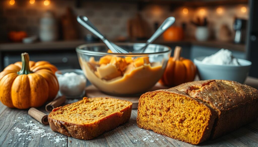 A beautifully arranged pumpkin bread loaf sits on a rustic wooden table, surrounded by fresh ingredients like ripe pumpkins, spices (cinnamon, nutmeg), and a bowl of flour. In the foreground, a slice of the moist, golden-brown bread reveals its soft texture and rich color. In the middle, a vintage mixing bowl holds a creamy batter with chunks of pumpkin, while measuring spoons and a whisk hint at the baking process. The background features a softly lit kitchen with warm ambient lighting, enhancing a cozy, inviting atmosphere. The scene captures the essence of homemade warmth and simplicity, evoking a sense of comfort and delicious anticipation. The angle is slightly top-down, allowing a clear view of the ingredients and the bread, with soft focus on the kitchen backdrop.