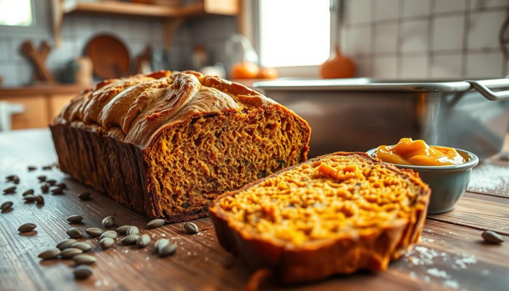 A beautifully arranged scene showcasing a freshly baked nickel bread with pumpkin, positioned on a rustic wooden kitchen counter. In the foreground, the loaf is sliced to reveal its moist, inviting texture, with flecks of pumpkin and a golden crust. Surrounding the bread are scattered pumpkin seeds and a small bowl of pumpkin puree, emphasizing the ingredients. In the middle background, a warm, homely kitchen is visible, with soft, natural lighting filtering through a nearby window, casting gentle shadows. A well-used baking pan, lightly dusted with flour, sits to the side, hinting at the baking process. The mood is cozy and inviting, capturing the essence of home baking, perfect for autumn. The angle is slightly above eye level, focusing on the lavish details of the bread and the warm colors of the kitchen.