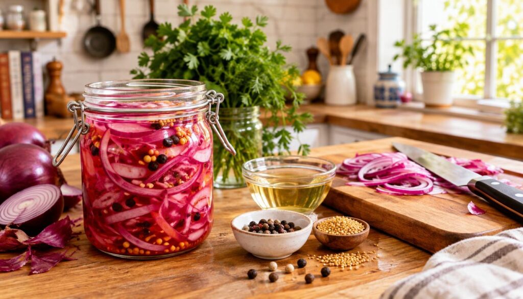 A bright and inviting kitchen countertop scene showcasing the preparation of pickled red onions. In the foreground, a glass jar filled with vibrant, thinly sliced red onions immersed in a colorful brine, garnished with spices. Beside it, a wooden cutting board with a sharp knife, a small bowl of vinegar, and a few whole spices like peppercorns and mustard seeds. In the middle ground, a bouquet of fresh herbs adds a touch of green, while the background features soft-focus kitchen elements, such as hanging utensils and a window with natural light streaming in. The atmosphere is cheerful and homey, with a warm color palette that evokes a sense of comfort and ease of cooking. The angle captures the scene from slightly above, emphasizing the freshness and vibrancy of the ingredients. A bright and inviting kitchen countertop scene showcasing the preparation of pickled red onions. In the foreground, a glass jar filled with vibrant, thinly sliced red onions immersed in a colorful brine, garnished with spices. Beside it, a wooden cutting board with a sharp knife, a small bowl of vinegar, and a few whole spices like peppercorns and mustard seeds. In the middle ground, a bouquet of fresh herbs adds a touch of green, while the background features soft-focus kitchen elements, such as hanging utensils and a window with natural light streaming in. The atmosphere is cheerful and homey, with a warm color palette that evokes a sense of comfort and ease of cooking. The angle captures the scene from slightly above, emphasizing the freshness and vibrancy of the ingredients.