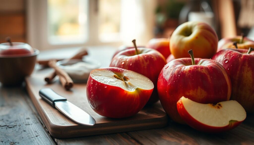 A close-up composition of fresh, vibrant red and green apples arranged artfully on a rustic wooden table, hinting at their desirable juiciness for baking an apple cake. The foreground features a few apples with dew drops reflecting morning light, showcasing their freshness. In the middle, a wooden cutting board displays a knife beside a sliced apple, revealing its crisp, white flesh. The background softly blurs into the warm ambiance of a cozy kitchen, with hints of cinnamon sticks and a bowl of sugar to suggest the cake preparation. Soft, natural light filters through a nearby window, creating a warm, inviting atmosphere. The scene evokes a sense of autumn warmth and culinary creativity, perfect for selecting and preparing apples for baking.