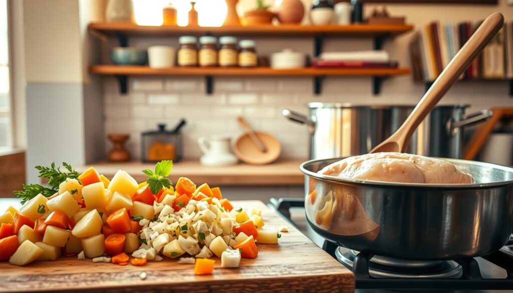 A cozy kitchen scene showcasing the preparation of an easy chicken potato soup recipe. In the foreground, a wooden chopping board is filled with vibrant, fresh ingredients: diced potatoes, chopped carrots, and minced garlic, alongside a plump, raw chicken breast. A metal pot sits on a stove, ready to be filled, with a wooden spoon resting on its edge. In the middle, a sunny window bathes the scene in warm, natural light, enhancing the rustic appeal. The background features simple kitchen shelves with spice jars and cookbooks, creating an inviting atmosphere. The overall mood should be warm and homely, evoking the feeling of a comforting meal being prepared for a cozy night.