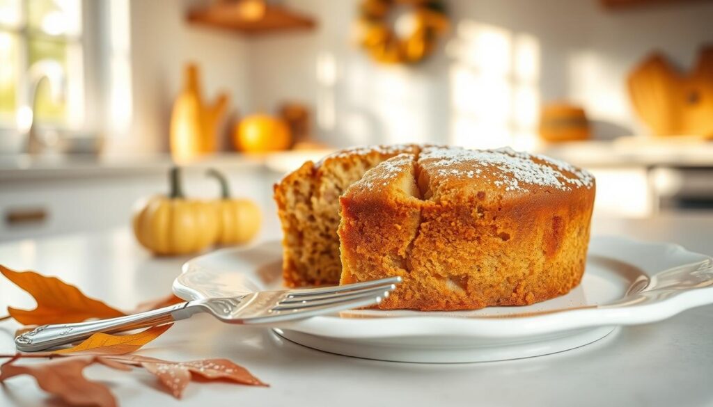 A freshly baked moist apple spice cake, perfectly golden brown with a slightly cracked top, showcasing visible chunks of tender apples and a sprinkle of cinnamon on top, placed on an elegant white ceramic plate. In the foreground, a fork rests casually beside the cake, invitingly ready to take a slice. The cake is adorned with a light dusting of powdered sugar, emphasizing its texture. In the middle ground, there are autumn leaves and small decorative pumpkins, enhancing the fall atmosphere. The background features a softly blurred kitchen setting with warm, inviting light streaming in from a nearby window, creating a cozy, homely mood. Shot with a 50mm lens, natural light highlights the cake's moistness and rich colors, making it the perfect subject for an inviting dessert showcase.