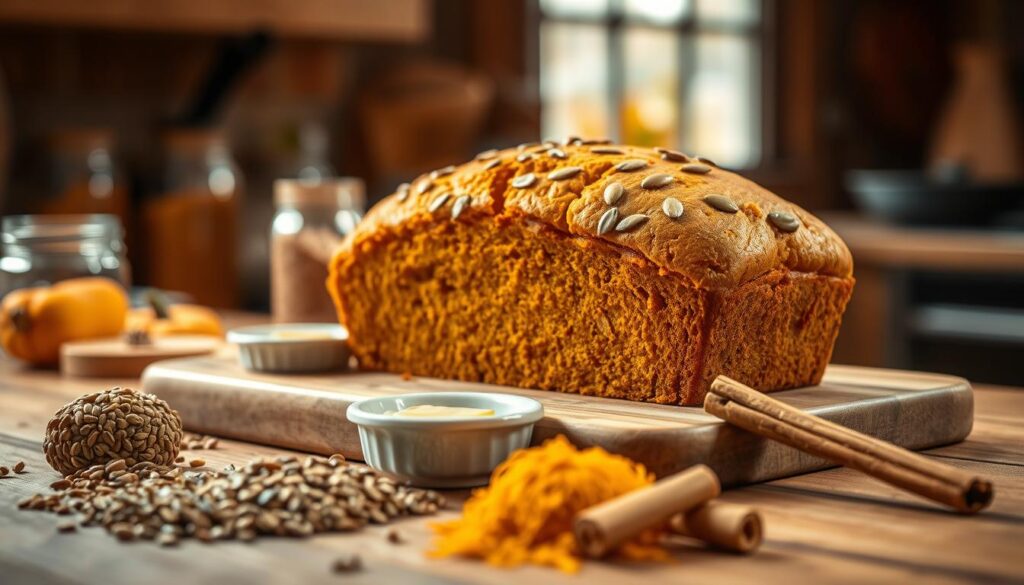A rustic kitchen setting featuring a freshly baked loaf of homemade pumpkin nickel bread placed on a wooden cutting board. The bread is golden brown with a slightly crumbly texture, garnished with a sprinkle of pumpkin seeds and a small dish of butter alongside. In the foreground, a few raw ingredients such as whole rye grains, canned pumpkin, and a cinnamon stick are artfully arranged. The middle ground includes soft, ambient lighting illuminating the scene, enhancing the warm, cozy atmosphere. In the background, blurred jars of spices and a hint of autumn leaves can be seen through a window, evoking a seasonally inspired mood. The shot is taken from a slightly elevated angle, inviting the viewer to appreciate the delicious details of the bread and ingredients.