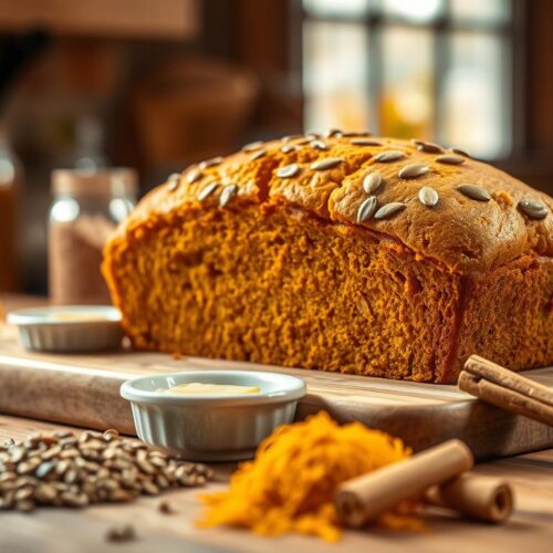 A rustic kitchen setting featuring a freshly baked loaf of homemade pumpkin nickel bread placed on a wooden cutting board. The bread is golden brown with a slightly crumbly texture, garnished with a sprinkle of pumpkin seeds and a small dish of butter alongside. In the foreground, a few raw ingredients such as whole rye grains, canned pumpkin, and a cinnamon stick are artfully arranged. The middle ground includes soft, ambient lighting illuminating the scene, enhancing the warm, cozy atmosphere. In the background, blurred jars of spices and a hint of autumn leaves can be seen through a window, evoking a seasonally inspired mood. The shot is taken from a slightly elevated angle, inviting the viewer to appreciate the delicious details of the bread and ingredients.