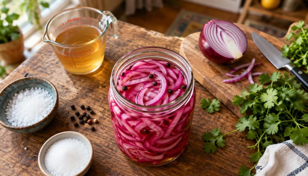 A top-down view of fresh ingredients for easy pickled red onions on a rustic wooden kitchen countertop. In the foreground, a clear glass jar filled with vibrant, sliced red onions soaking in a light brine, showcasing their vivid color. Beside the jar, scattered ingredients include a small bowl of sea salt, a measuring cup of apple cider vinegar, a sprinkle of sugar, and a few whole peppercorns. The middle ground features a cutting board with half a red onion and knife, while fresh herbs like cilantro rest nearby. The background is softly blurred, hinting at a warm kitchen ambiance with natural light filtering through a nearby window, creating a cozy and inviting atmosphere. The overall mood is fresh, vibrant, and homey, ideal for a quick culinary project. A top-down view of fresh ingredients for easy pickled red onions on a rustic wooden kitchen countertop. In the foreground, a clear glass jar filled with vibrant, sliced red onions soaking in a light brine, showcasing their vivid color. Beside the jar, scattered ingredients include a small bowl of sea salt, a measuring cup of apple cider vinegar, a sprinkle of sugar, and a few whole peppercorns. The middle ground features a cutting board with half a red onion and knife, while fresh herbs like cilantro rest nearby. The background is softly blurred, hinting at a warm kitchen ambiance with natural light filtering through a nearby window, creating a cozy and inviting atmosphere. The overall mood is fresh, vibrant, and homey, ideal for a quick culinary project.