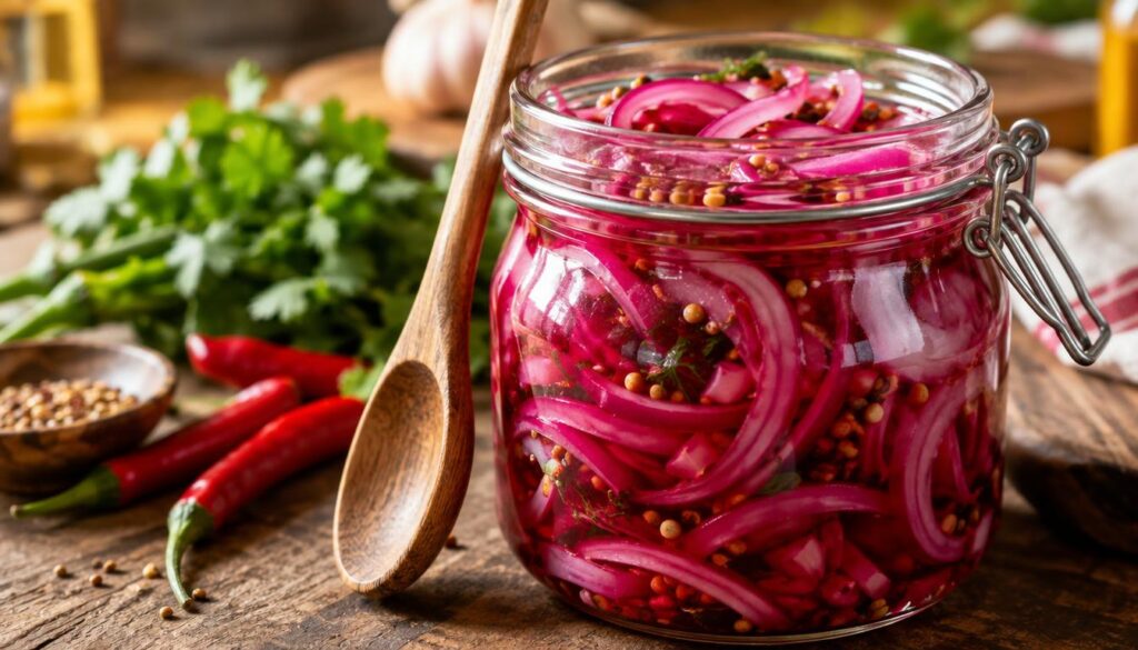 A vibrant and close-up view of quick pickled red onions, beautifully jarred and glistening in a glass container. The foreground features the sliced onions, showcasing their deep magenta color alongside a sprinkle of spices like mustard seeds and coriander. In the middle, include a wooden spoon resting against the jar, hinting at the homemade aspect. The background should be softly blurred, featuring a rustic kitchen counter with fresh ingredients like chilies and herbs, bathed in warm, natural lighting that creates a cozy atmosphere. The scene is inviting and fresh, perfectly capturing the essence of a quick and delicious recipe ready in just 15 minutes. A vibrant and close-up view of quick pickled red onions, beautifully jarred and glistening in a glass container. The foreground features the sliced onions, showcasing their deep magenta color alongside a sprinkle of spices like mustard seeds and coriander. In the middle, include a wooden spoon resting against the jar, hinting at the homemade aspect. The background should be softly blurred, featuring a rustic kitchen counter with fresh ingredients like chilies and herbs, bathed in warm, natural lighting that creates a cozy atmosphere. The scene is inviting and fresh, perfectly capturing the essence of a quick and delicious recipe ready in just 15 minutes.