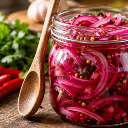 A vibrant and close-up view of quick pickled red onions, beautifully jarred and glistening in a glass container. The foreground features the sliced onions, showcasing their deep magenta color alongside a sprinkle of spices like mustard seeds and coriander. In the middle, include a wooden spoon resting against the jar, hinting at the homemade aspect. The background should be softly blurred, featuring a rustic kitchen counter with fresh ingredients like chilies and herbs, bathed in warm, natural lighting that creates a cozy atmosphere. The scene is inviting and fresh, perfectly capturing the essence of a quick and delicious recipe ready in just 15 minutes.