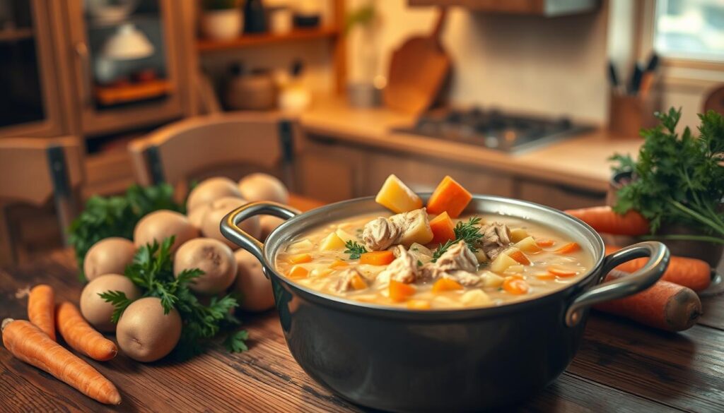 A warm and inviting scene featuring a rustic wooden table set with a large pot of homemade chicken potato soup at the forefront. The soup is rich and creamy, with tender chunks of chicken, golden potatoes, vibrant carrots, and fresh herbs garnished on top. Surrounding the pot, there are fresh ingredients like potatoes, carrots, and sprigs of parsley neatly arranged. In the background, a softly lit kitchen with warm yellow tones creates a cozy atmosphere, emphasizing home-cooked comfort. The lighting is soft and natural, simulating the glow of an evening kitchen, with a slight focus on the soup to enhance its delicious textures. The image captures the essence of comfort food perfect for chilly nights, evoking feelings of warmth and togetherness.