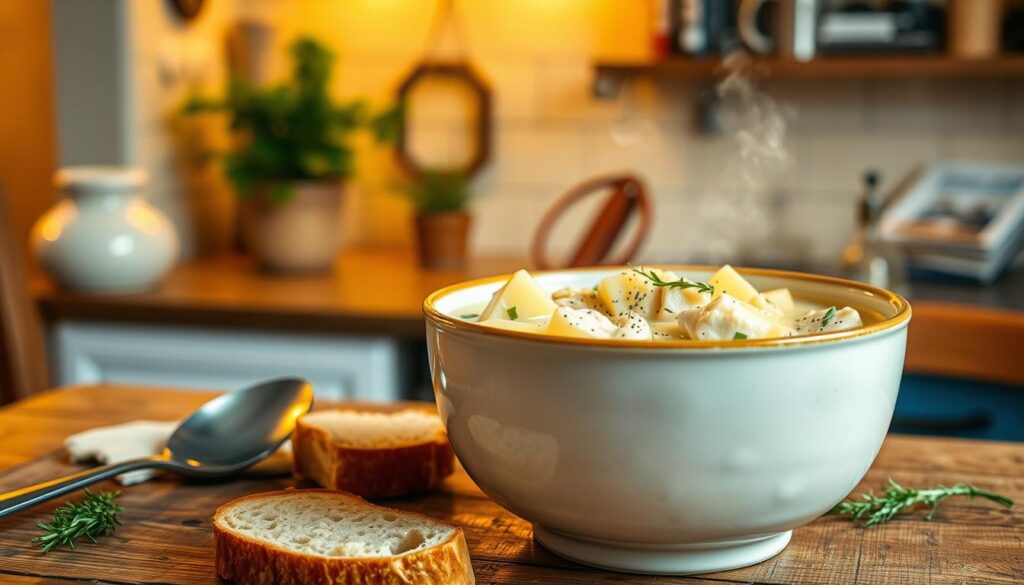 A warm bowl of creamy chicken and potato soup takes center stage in a cozy kitchen setting. The soup is rich and velvety, with chunks of tender chicken, diced potatoes, and fresh herbs like parsley and thyme adding vibrant color. A sprinkle of black pepper rests atop, enhancing its inviting appeal. In the foreground, a rustic wooden table displays the bowl, alongside a spoon, a slice of crusty bread, and a sprig of rosemary. The middle ground features a softly glowing kitchen, warmly lit with yellow tones, and homey decorations like a potted plant and cookbooks. In the background, steam gently rises from the soup, creating a comforting atmosphere. Use a shallow depth of field, with a slight lens blur to emphasize the soup while keeping the rest of the scene pleasantly out of focus. The overall mood exudes warmth and comfort, perfect for cozy nights.