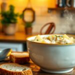 A warm bowl of creamy chicken and potato soup takes center stage in a cozy kitchen setting. The soup is rich and velvety, with chunks of tender chicken, diced potatoes, and fresh herbs like parsley and thyme adding vibrant color. A sprinkle of black pepper rests atop, enhancing its inviting appeal. In the foreground, a rustic wooden table displays the bowl, alongside a spoon, a slice of crusty bread, and a sprig of rosemary. The middle ground features a softly glowing kitchen, warmly lit with yellow tones, and homey decorations like a potted plant and cookbooks. In the background, steam gently rises from the soup, creating a comforting atmosphere. Use a shallow depth of field, with a slight lens blur to emphasize the soup while keeping the rest of the scene pleasantly out of focus. The overall mood exudes warmth and comfort, perfect for cozy nights.