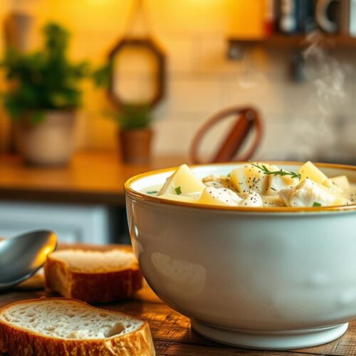 A warm bowl of creamy chicken and potato soup takes center stage in a cozy kitchen setting. The soup is rich and velvety, with chunks of tender chicken, diced potatoes, and fresh herbs like parsley and thyme adding vibrant color. A sprinkle of black pepper rests atop, enhancing its inviting appeal. In the foreground, a rustic wooden table displays the bowl, alongside a spoon, a slice of crusty bread, and a sprig of rosemary. The middle ground features a softly glowing kitchen, warmly lit with yellow tones, and homey decorations like a potted plant and cookbooks. In the background, steam gently rises from the soup, creating a comforting atmosphere. Use a shallow depth of field, with a slight lens blur to emphasize the soup while keeping the rest of the scene pleasantly out of focus. The overall mood exudes warmth and comfort, perfect for cozy nights.